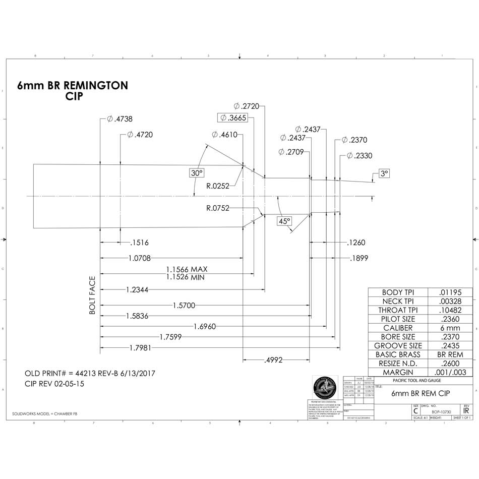 6 mm BR Rem. CIP Finish Chamber Reamer - Elliot Solid-XX1073