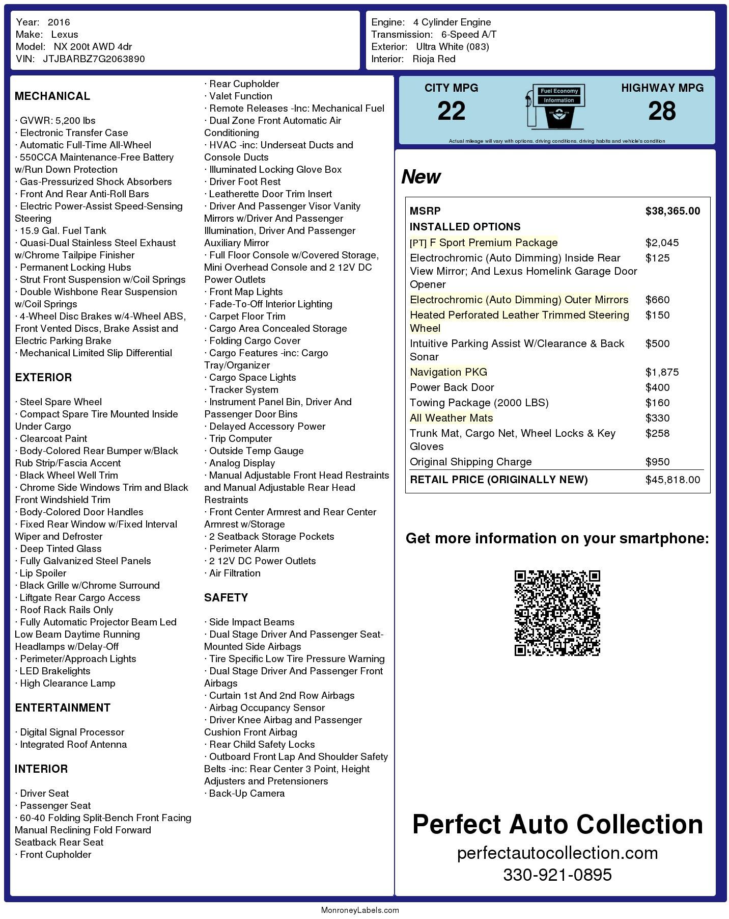 Used 2016 Lexus NX 200t F SPORT For Sale (Sold) | Perfect Auto