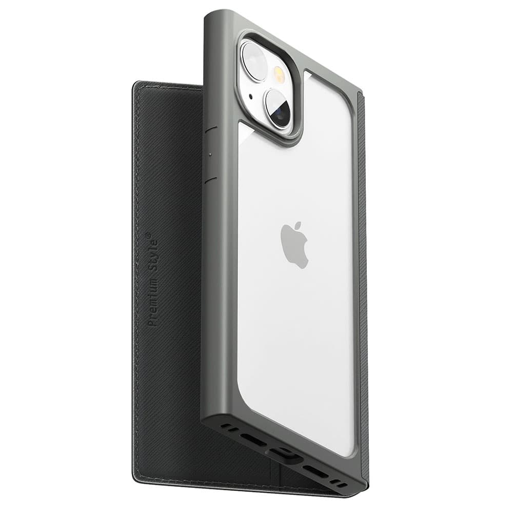 iPhone 15用 ガラスフリップケース スクエアデザイン [ブラック]｜株式