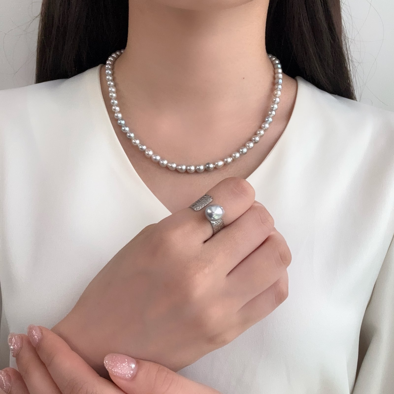 アコヤ真珠 バロックパールリング 7.5-8mm ナチュラルグレー 無調色 SV製