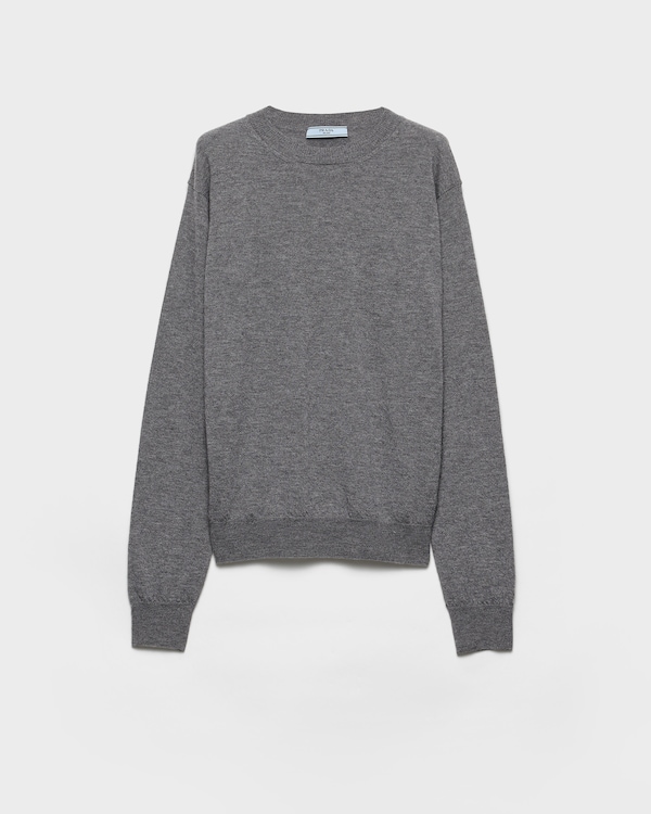 Slate Gray Cashmere And Wool Prada Logo Crew-neck Sweater | PRADA