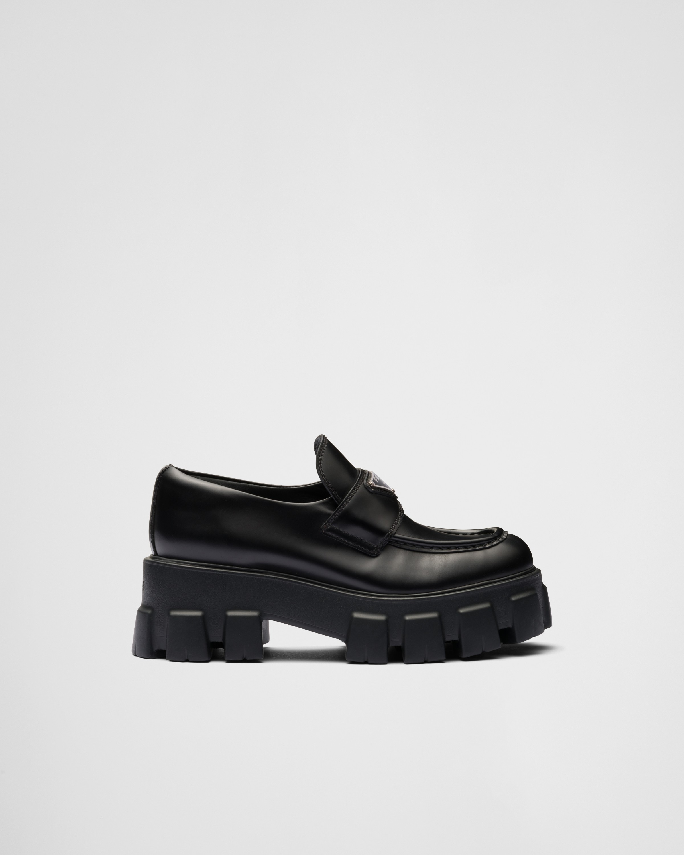 Black Brushed Leather Monolith Loafers | PRADA
