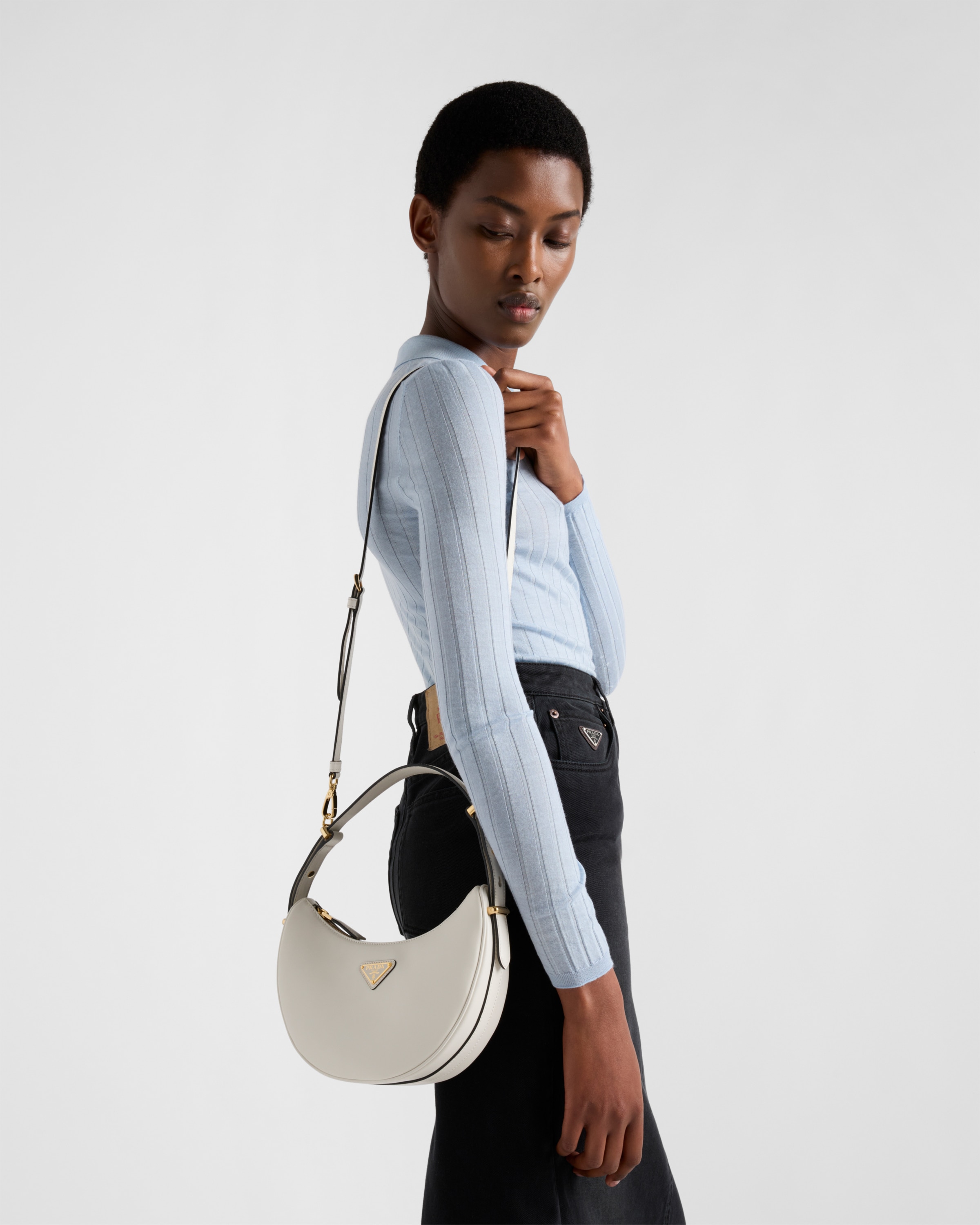 White Prada Arqué Small Leather Shoulder Bag | PRADA