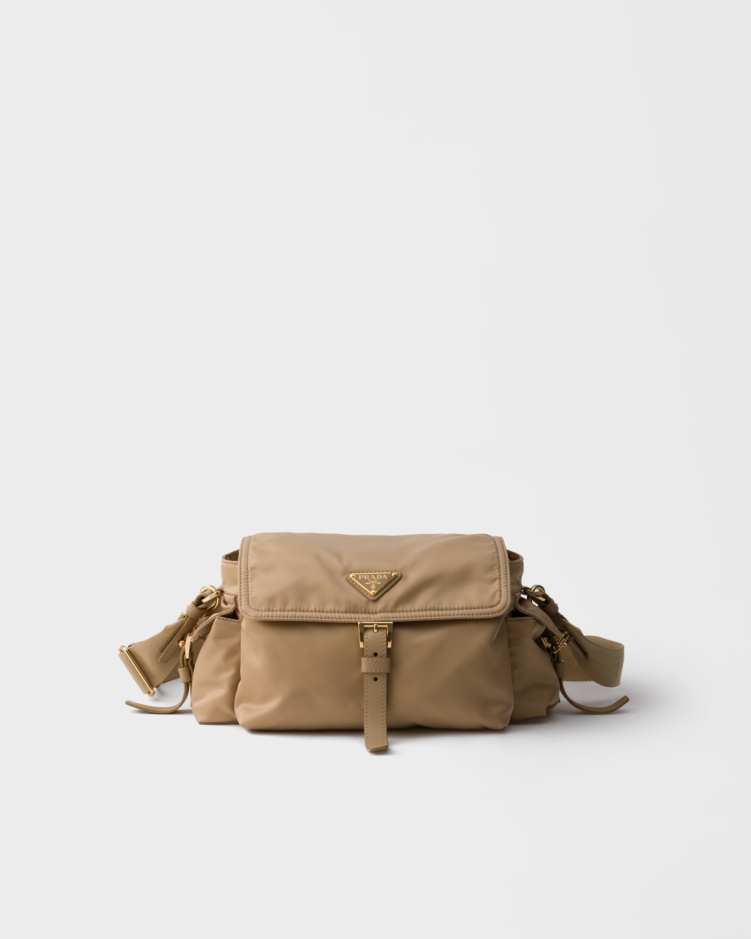 Camel Brown Prada Explore Medium Re-nylon Shoulder Bag With Flap