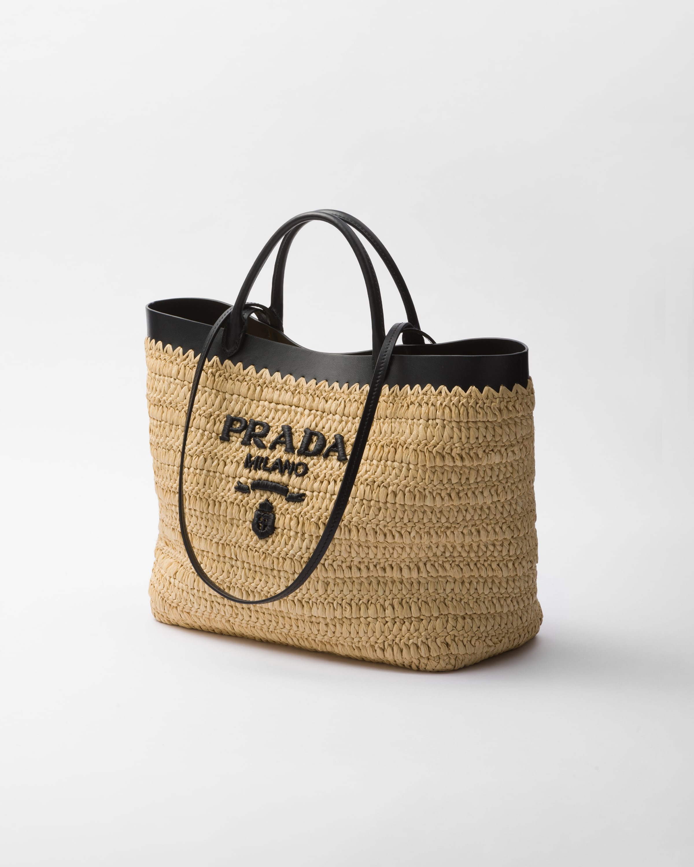 Tan/black Medium Crochet And Leather Tote Bag | PRADA
