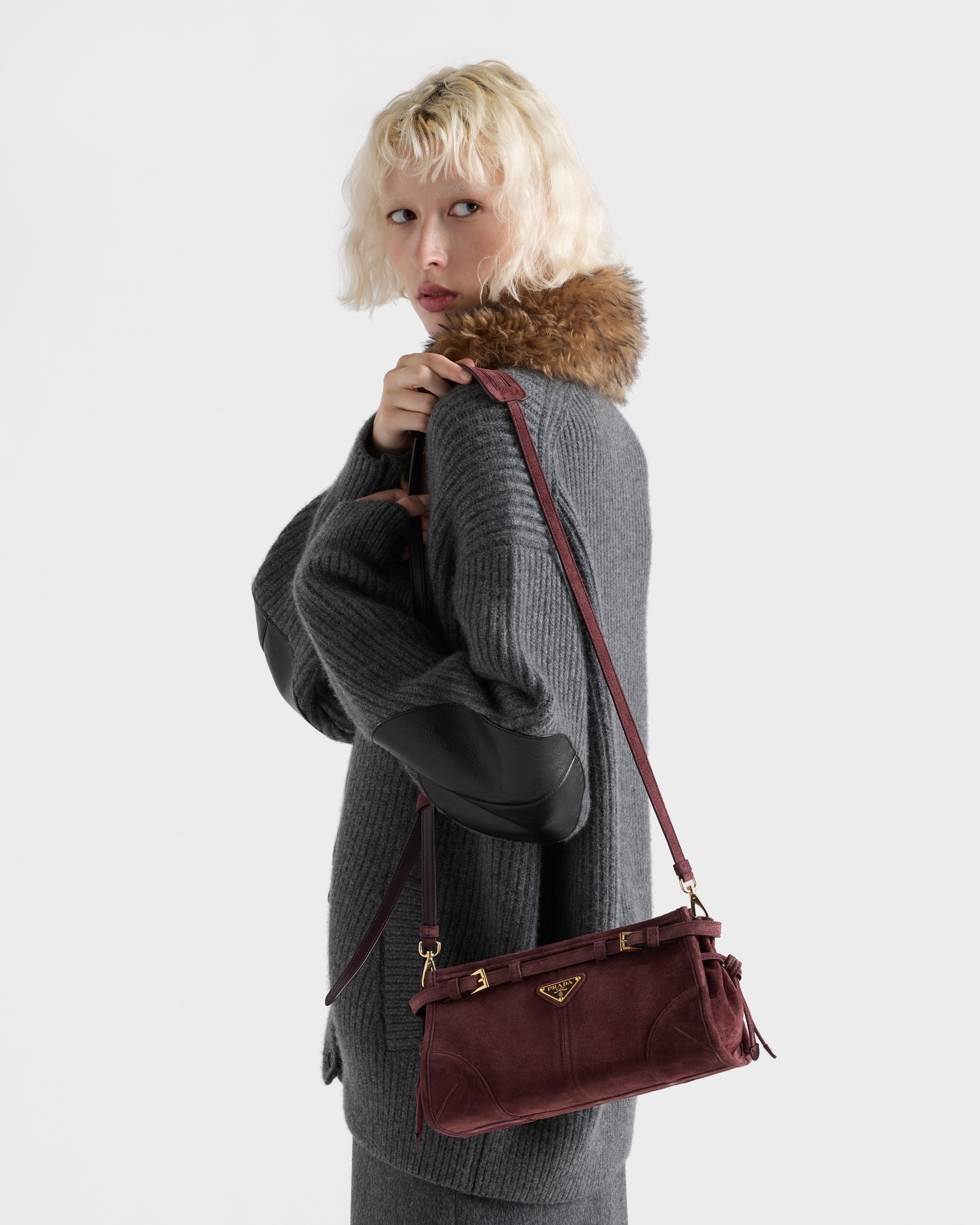 Burgundy Prada Bonnie Small Suede Shoulder Bag | PRADA
