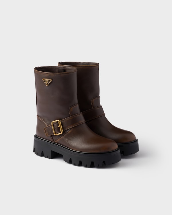Cocoa Brown Leather Booties | PRADA