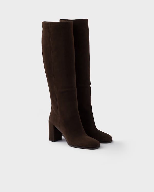 Dark Brown Heeled Suede Boots | PRADA