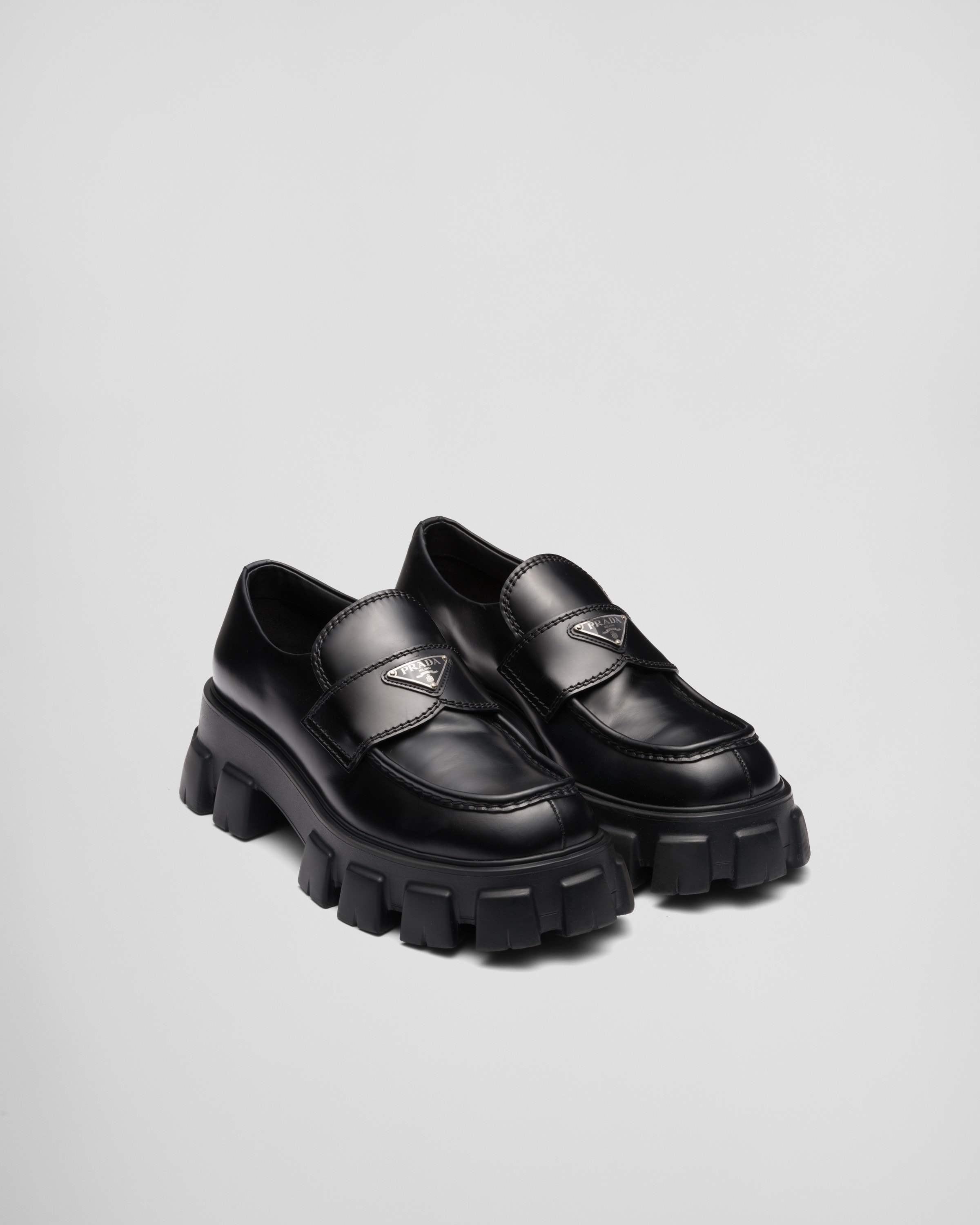 Black Monolith Brushed Leather Loafers | PRADA