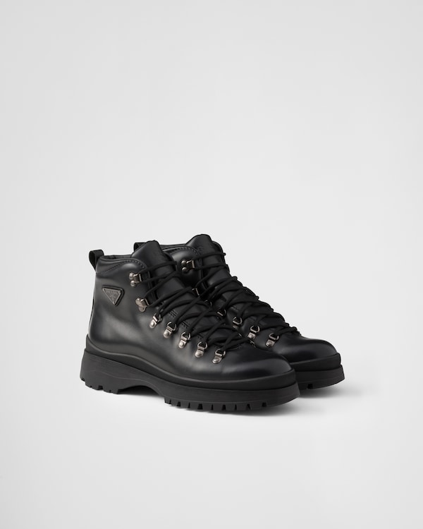 Black Monolith Brushed Leather And Re-nylon Boots With Pouch | PRADA