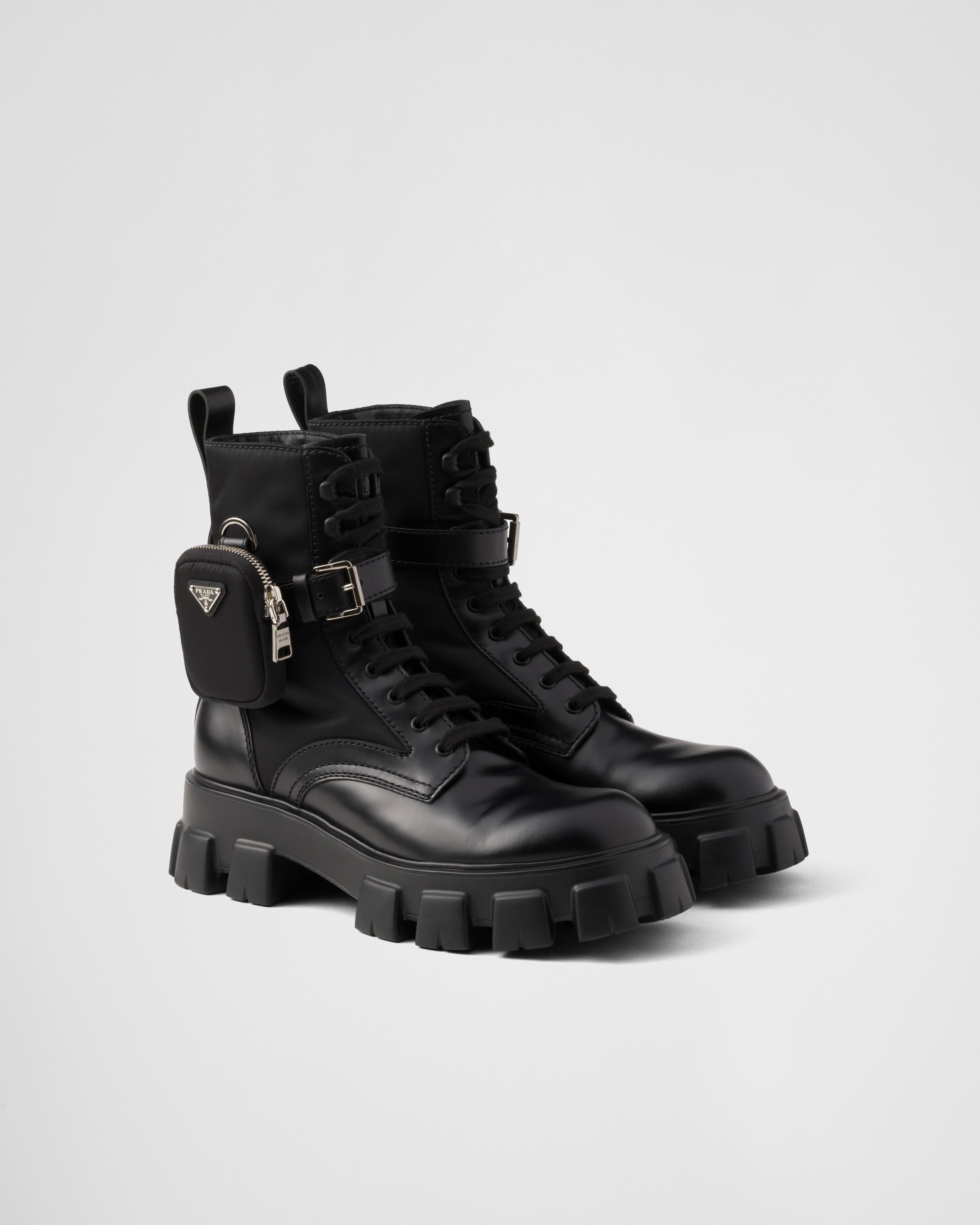 Black Monolith Brushed Leather And Re-nylon Boots With Pouch | PRADA
