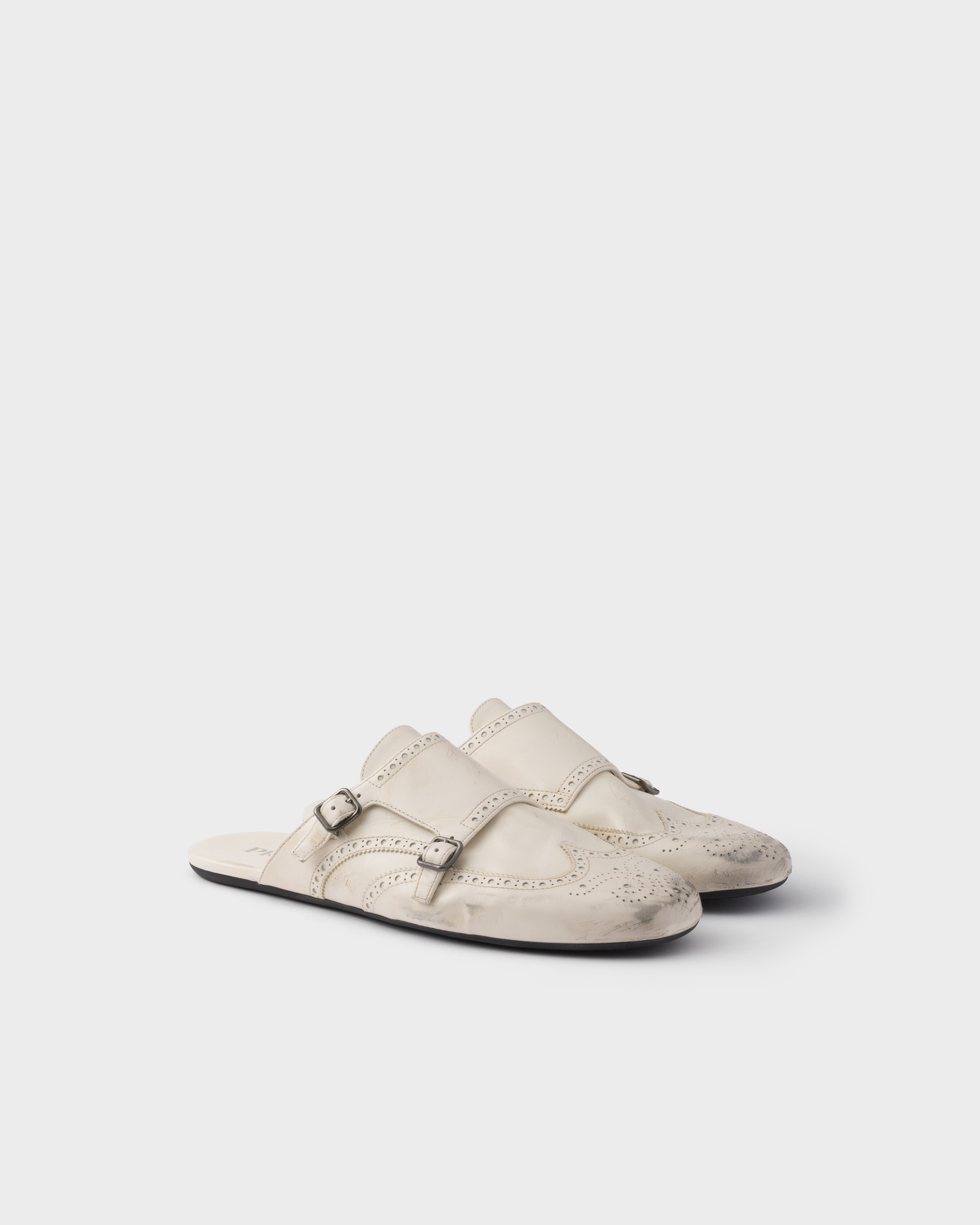 Chalk White Shuffle Antiqued Leather Double Monk Strap Mules | PRADA