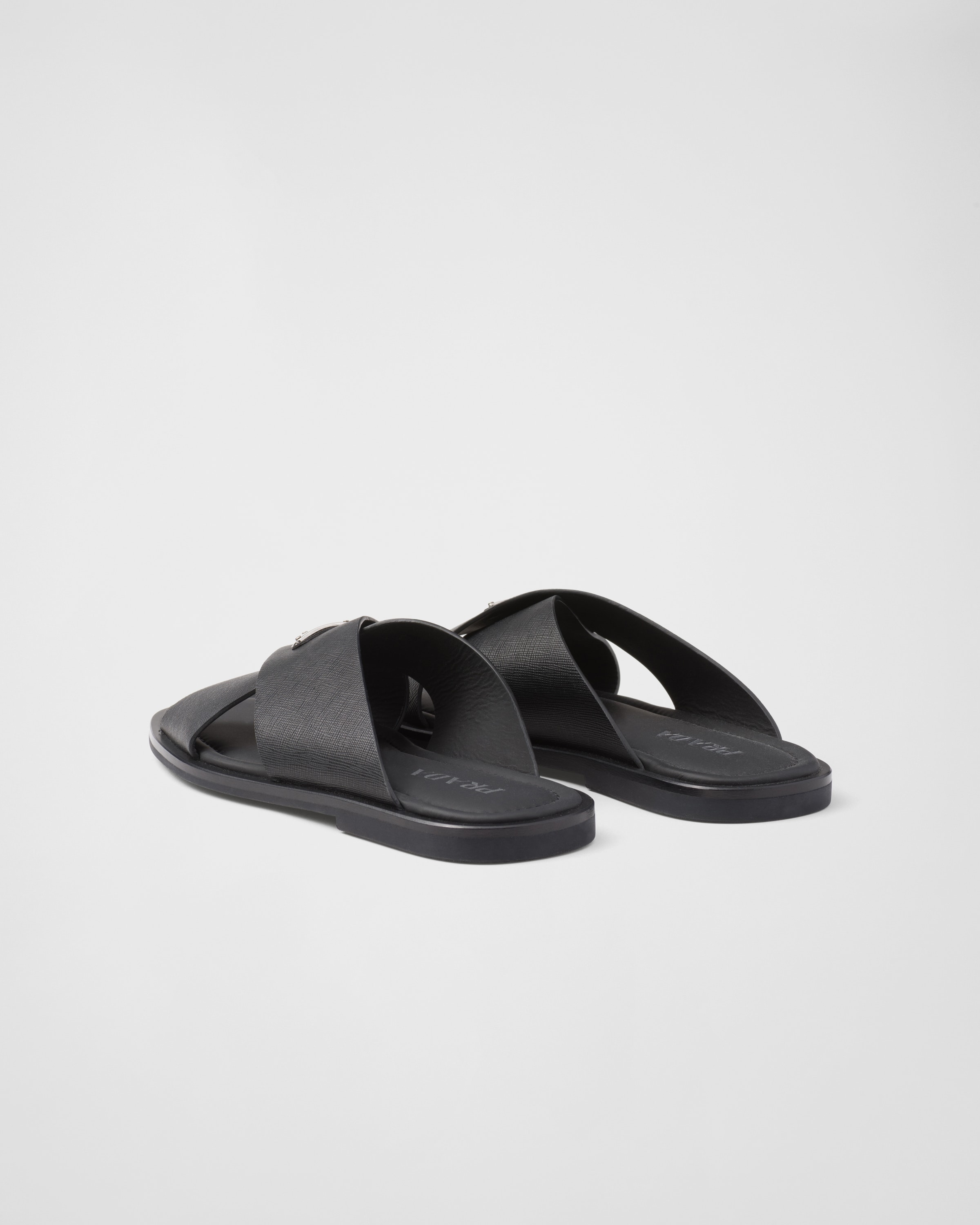 Black Saffiano Leather Crisscross Slides | PRADA