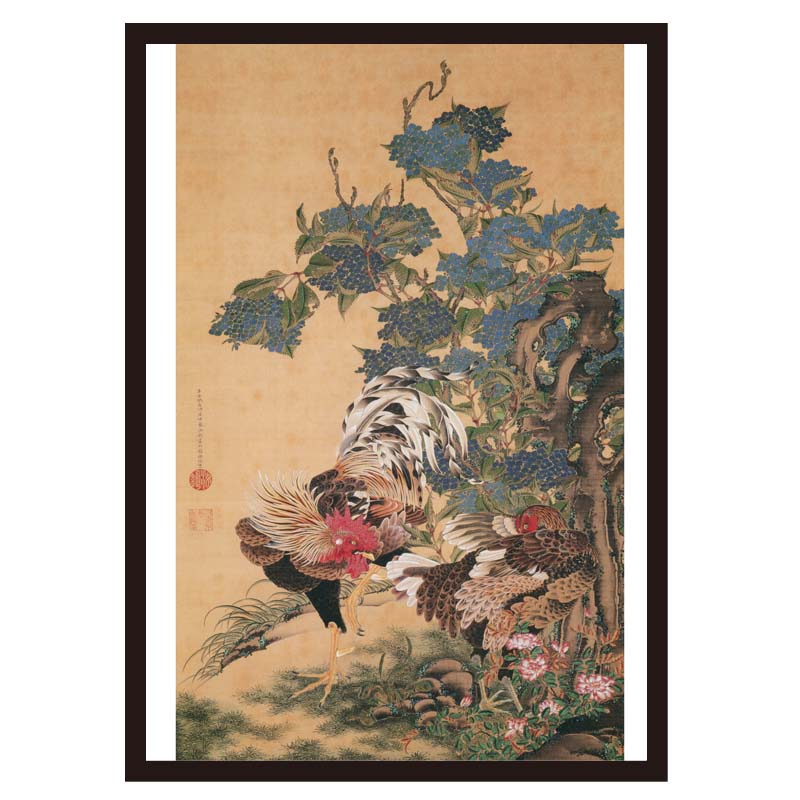 伊藤若冲】紫陽花双鶏図｜額フレーム付き日本画ポスター