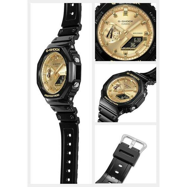 CASIO G-SHOCK DAY-DATE BLACK RUBBER STRAP GOLD DIAL MEN WATCH GA