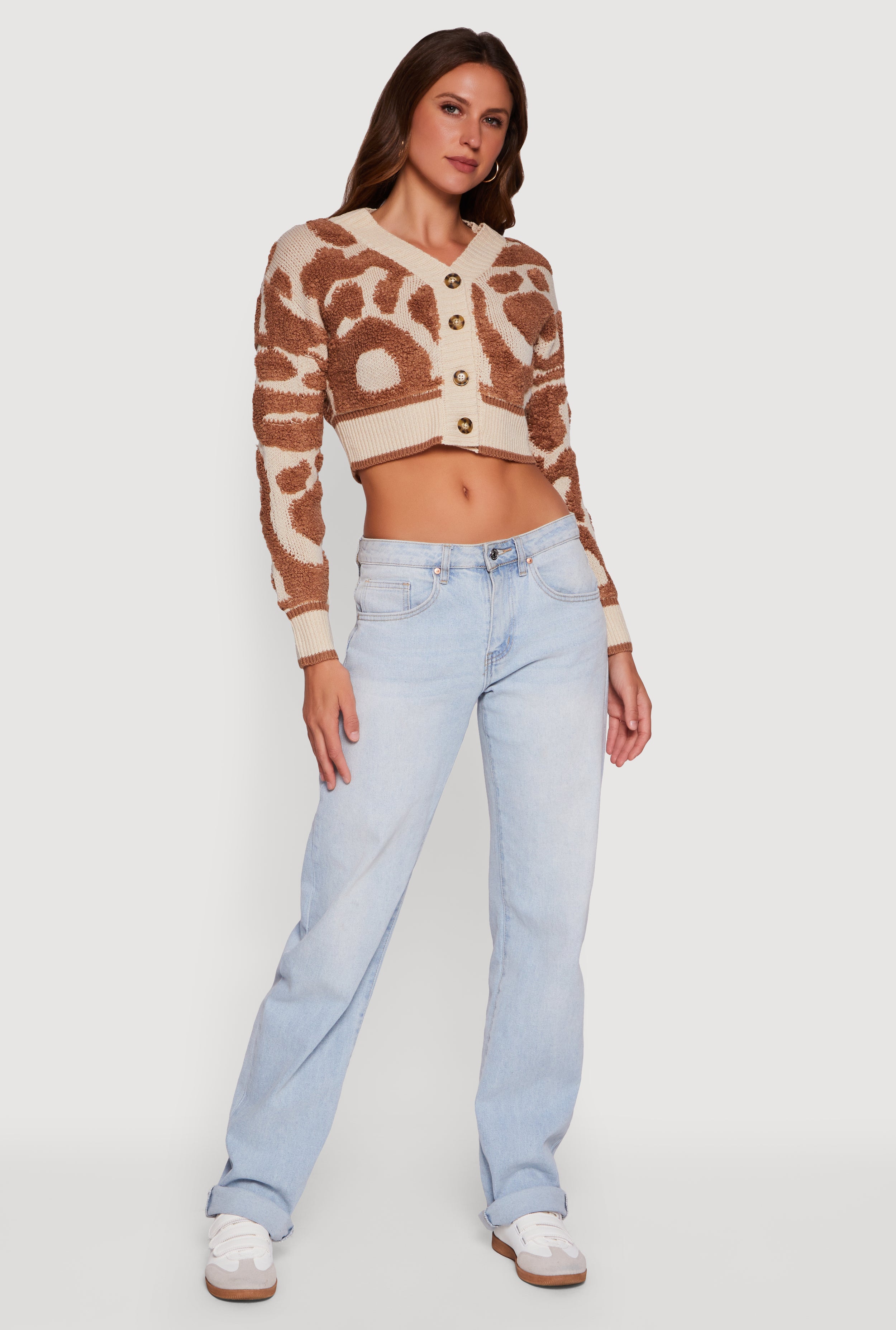 Swirl Print Boucle Cropped Button Front Cardigan