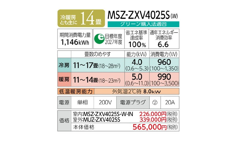 三菱電機 2025年度モデルルームエアコン MSZ-ZXV4025S 14畳程度 室内