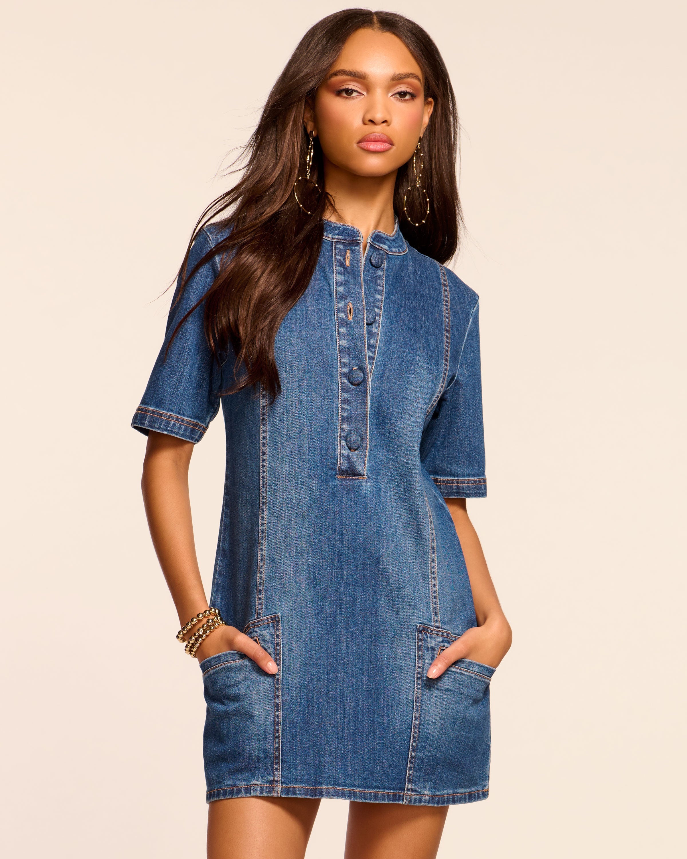 Skylar Short Sleeve Denim Mini Dress in medium wash | Ramy Brook