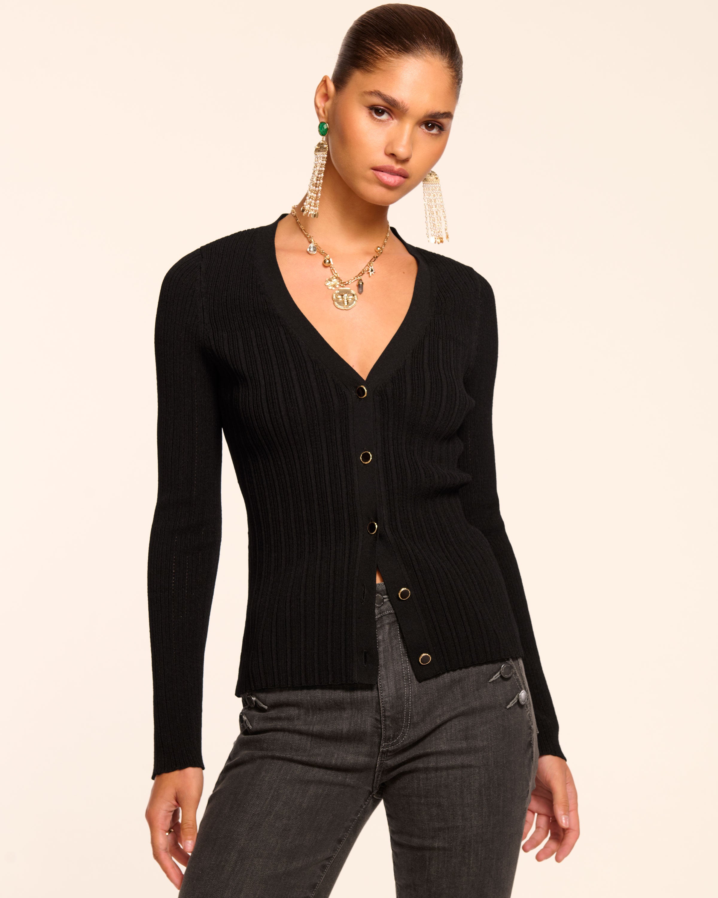 Lorenza Ribbed Knit Cardigan in black | Ramy Brook