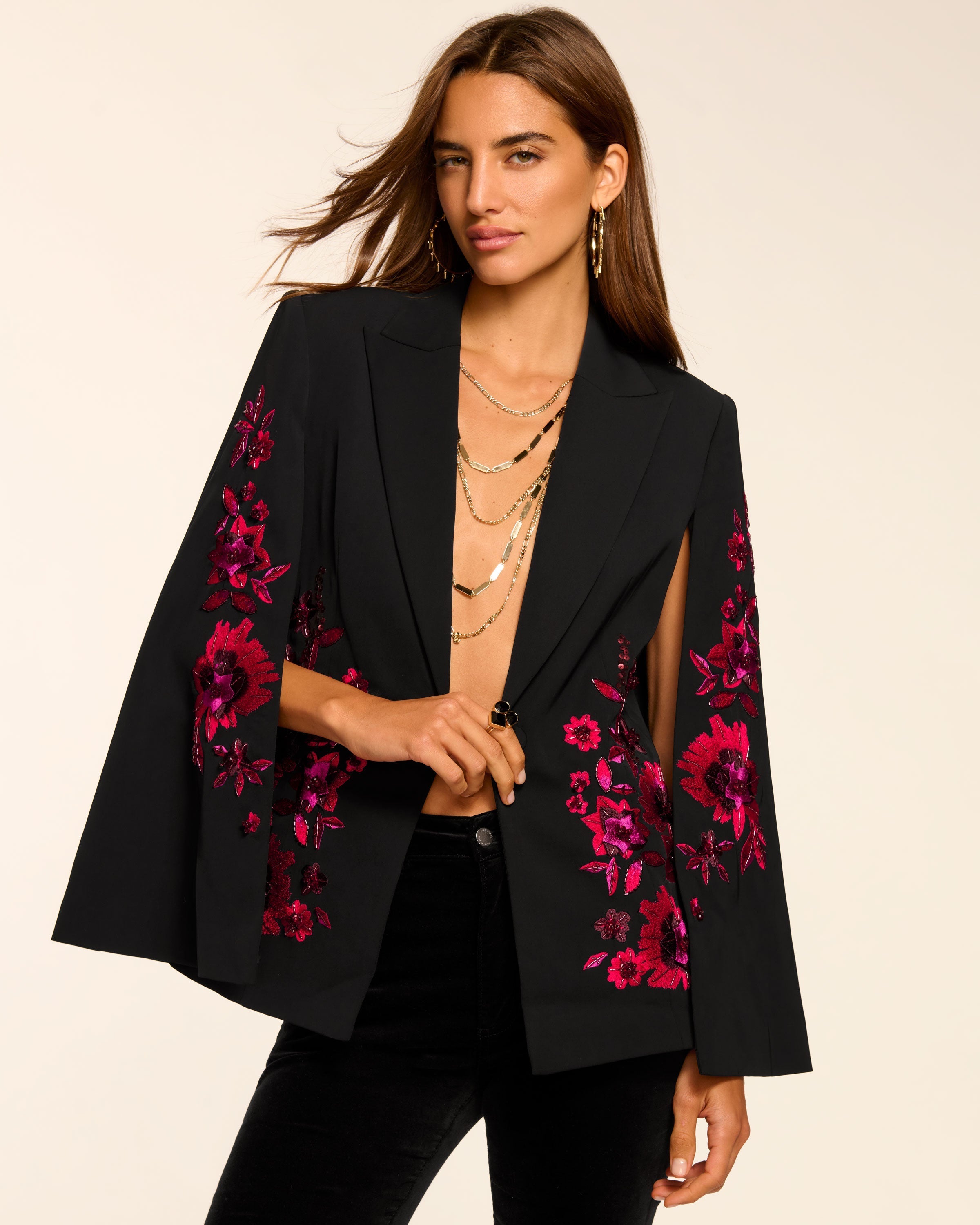 Lucinda Embellished Cape in black garden | Ramy Brook