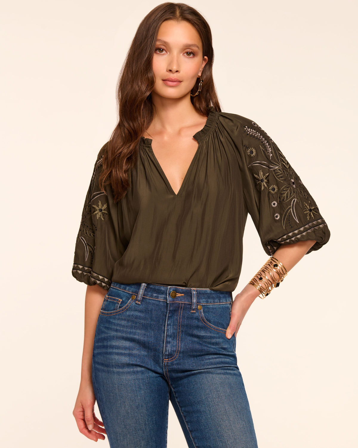 Karen Embellished V-Neck Blouse in deep olive | Ramy Brook