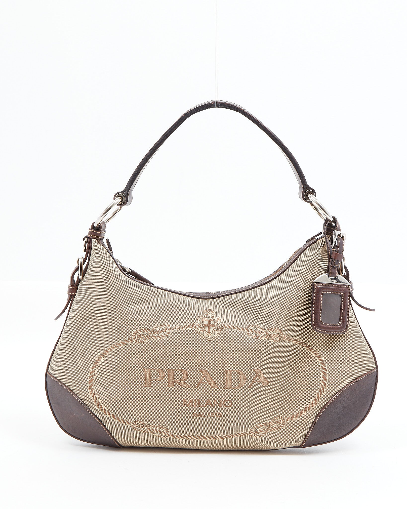 Explore a Prada Brown Leather and Beige Canvas Logo Canapa