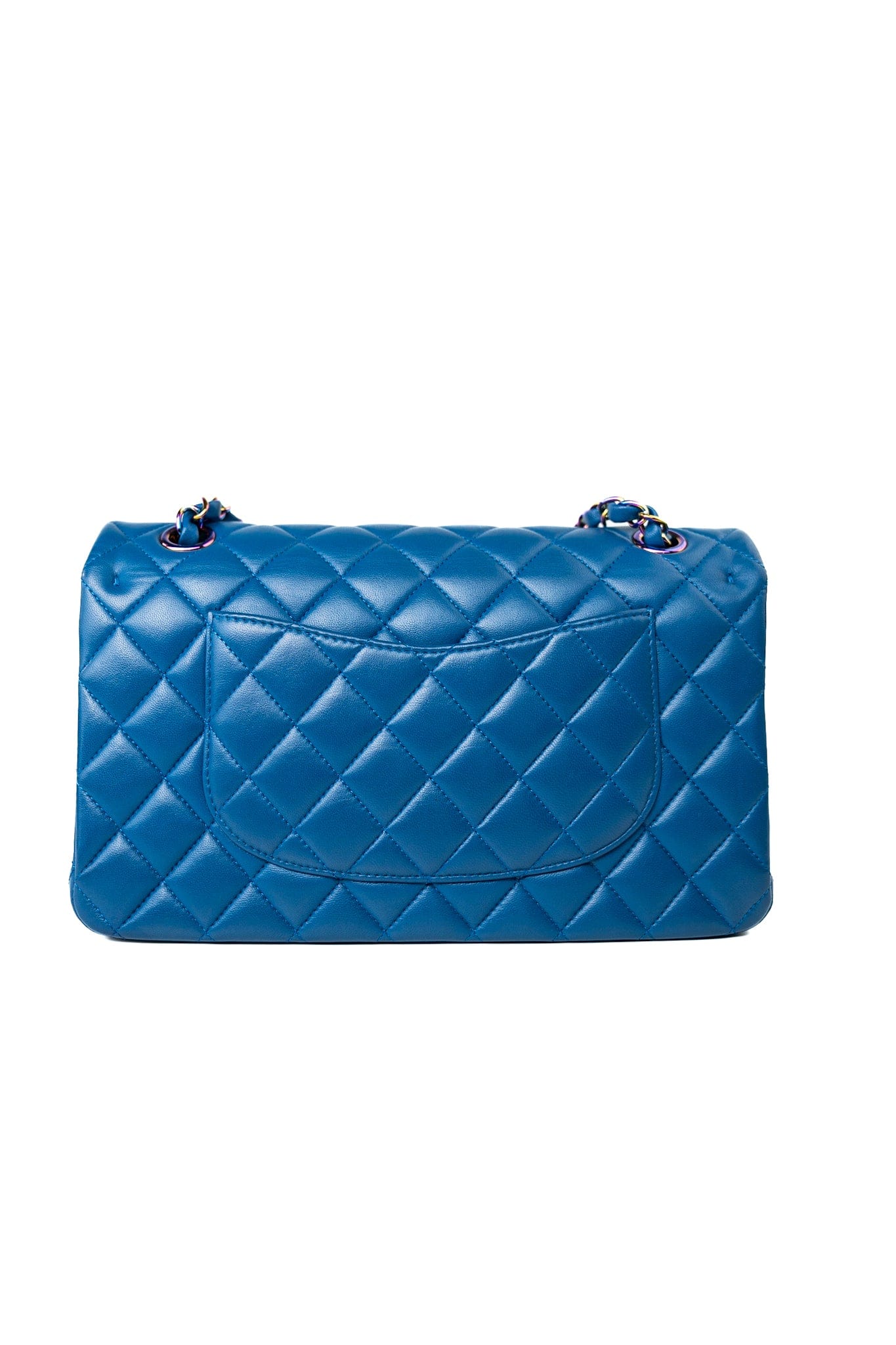 21P Blue Lambskin Quilted Classic Flap Medium Rainbow Hardware