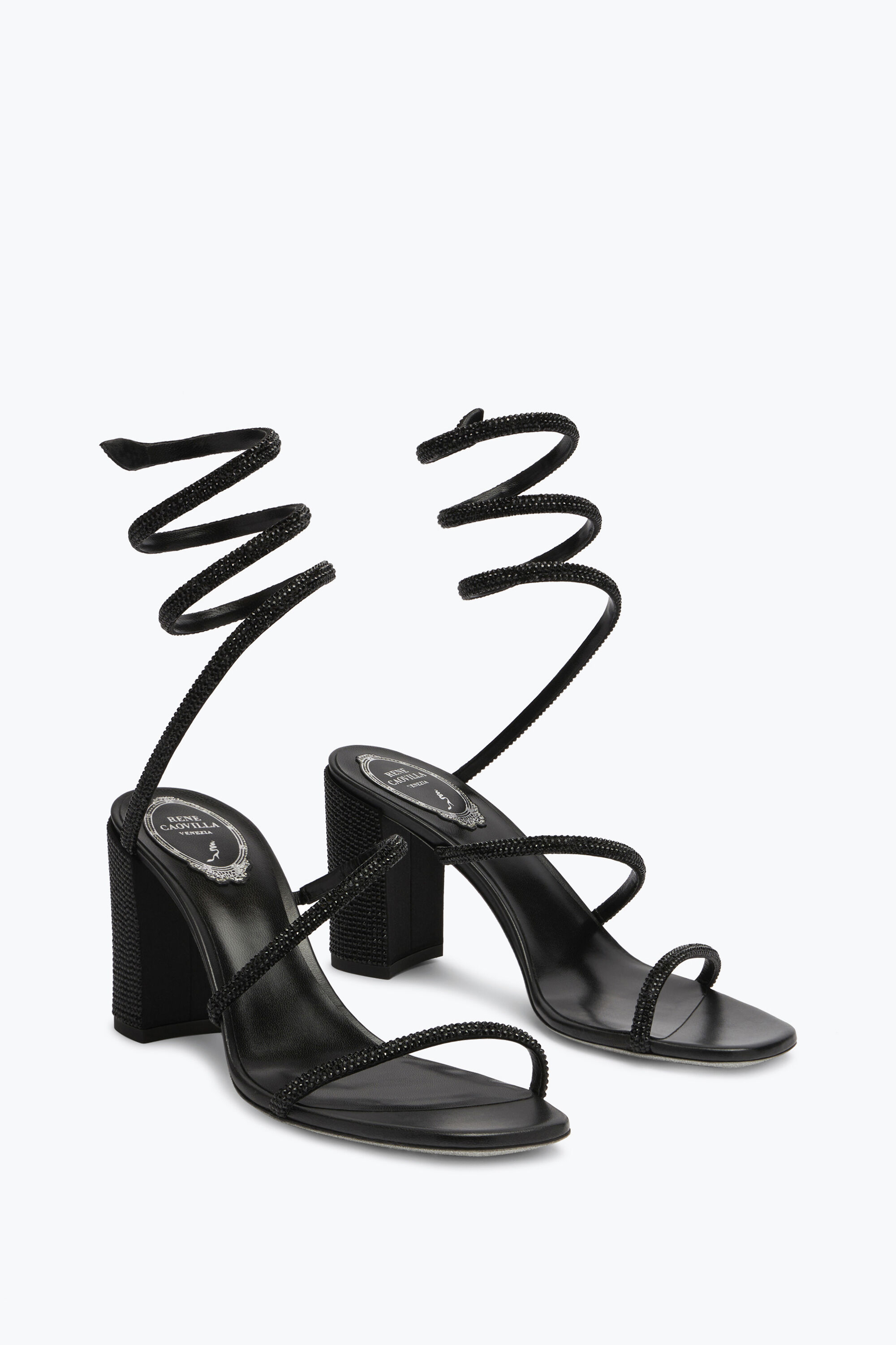 Jeweled Cleo Block-Heeled Crystal Black Sandal 80 | Rene Caovilla®