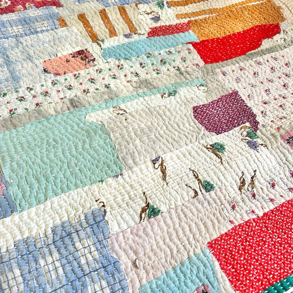 ラリーキルト ラグ パッチワーク ステッチ ブルー ヴィンテージ 中古