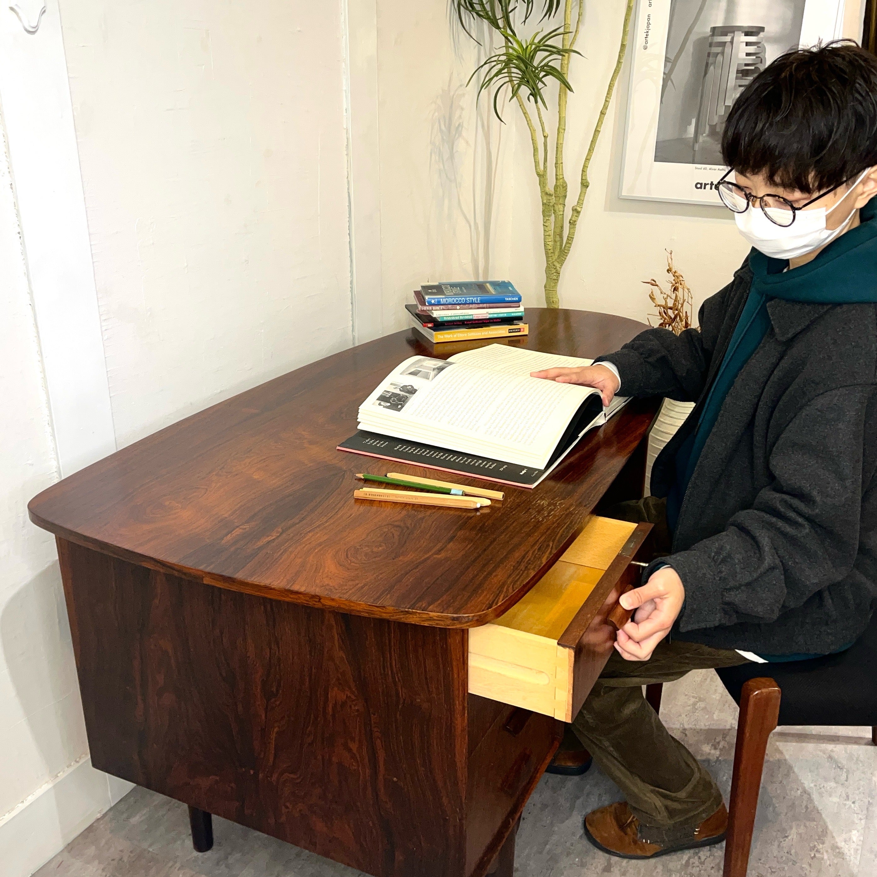 キドニーデスク 両袖デスク ローズウッド デンマーク 北欧 机 引出し