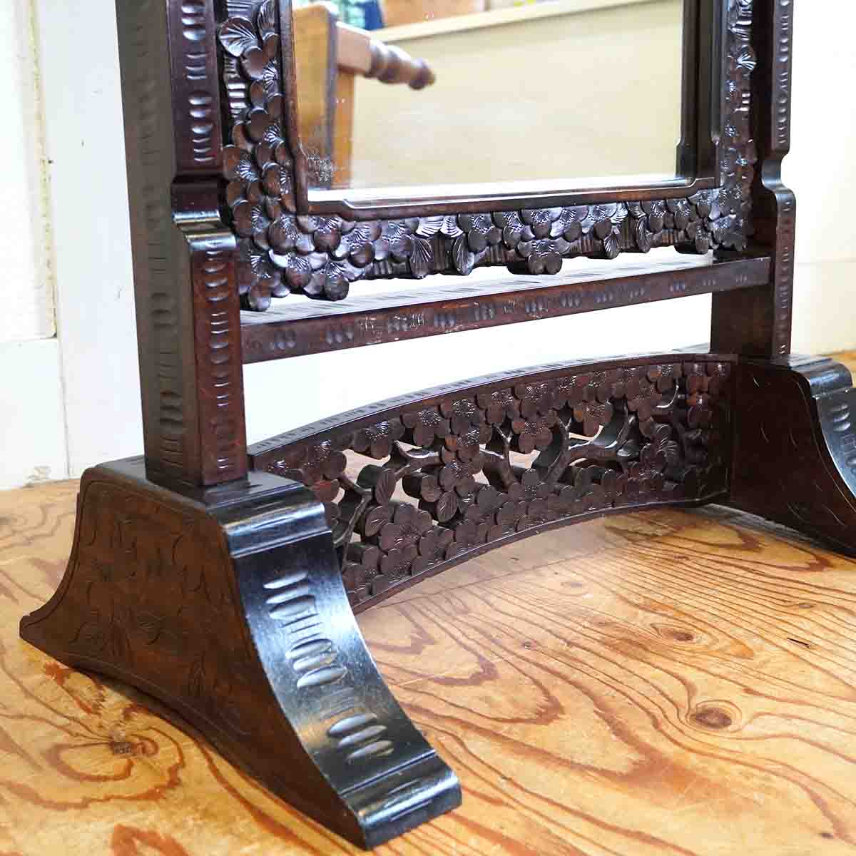 姿見 軽井沢彫り 桜 ミラー 鏡 スタンドミラー 伝統工芸品 中古