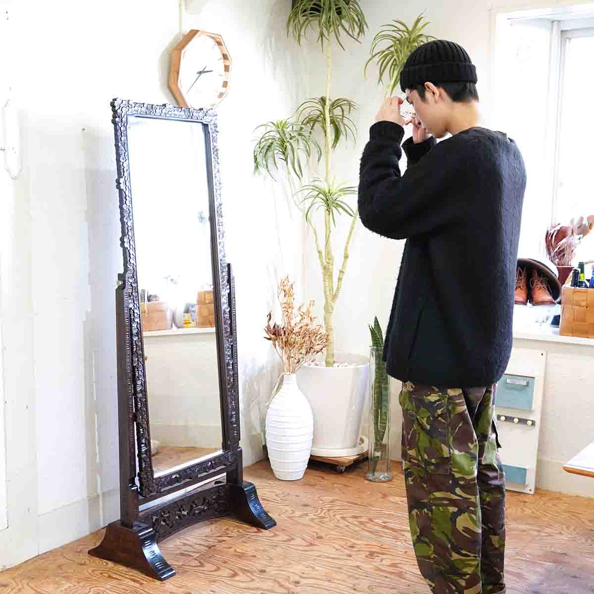 姿見 軽井沢彫り 桜 ミラー 鏡 スタンドミラー 伝統工芸品 中古