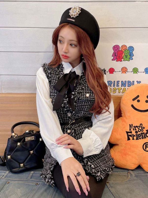 ベルト付ツイードベスト - Riina couture