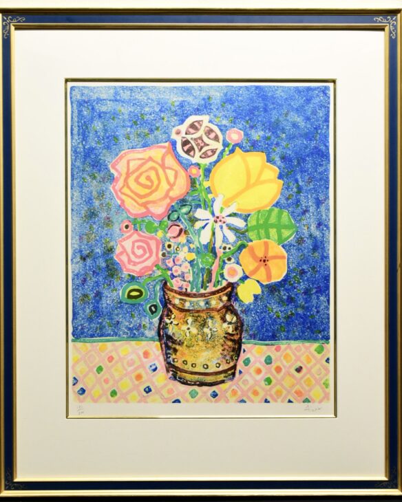 真作・版画】ポール・アイズピリ「青いバックの花」 真作・版画