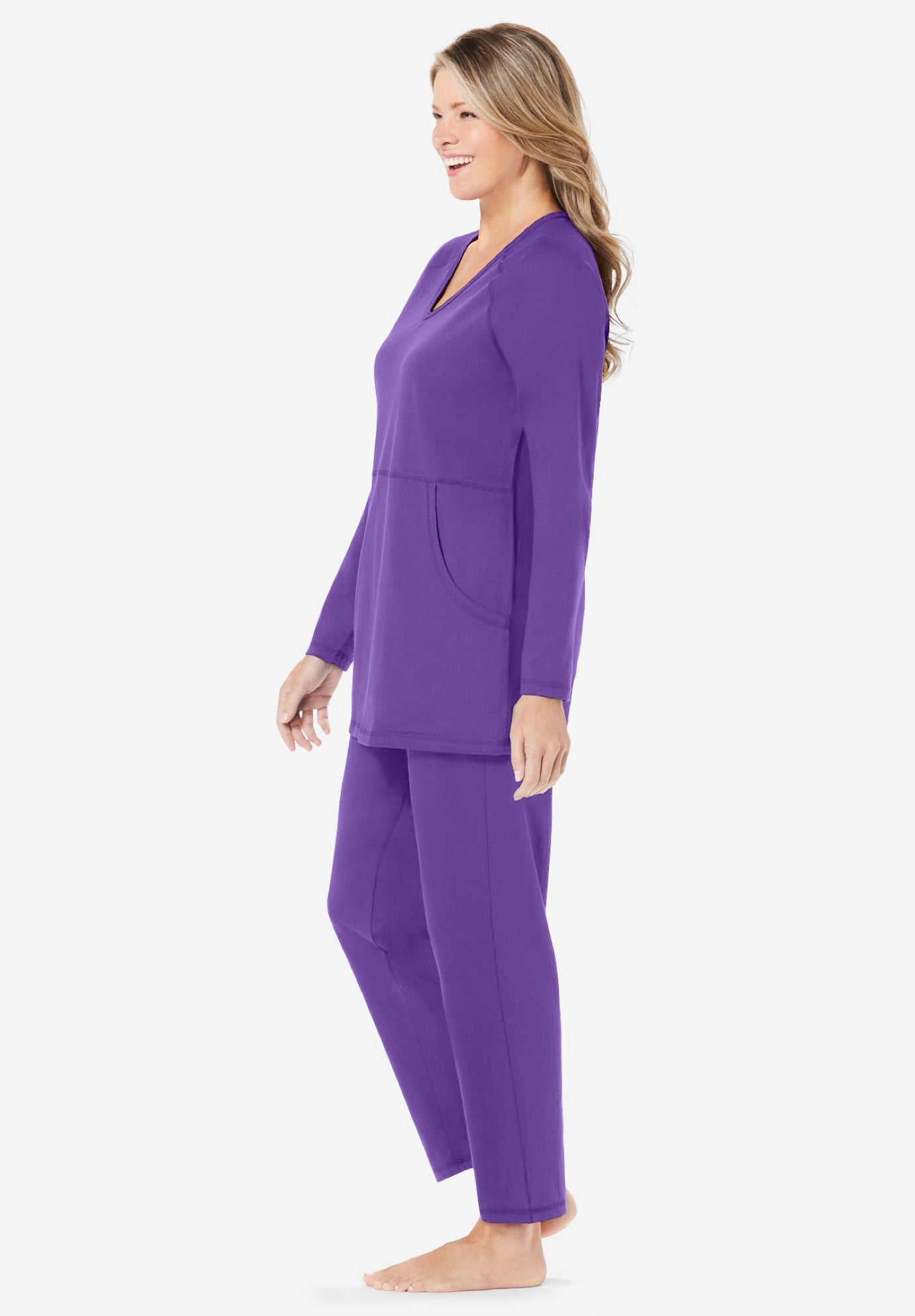 Cotton 2-Piece Lounge Set with Kangaroo Pocket, Plum Burst | Woman