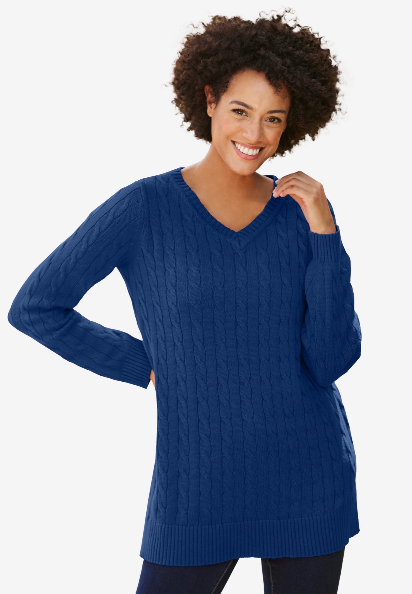 Cable Knit V-Neck Pullover Sweater 100% Cotton, Evening Blue
