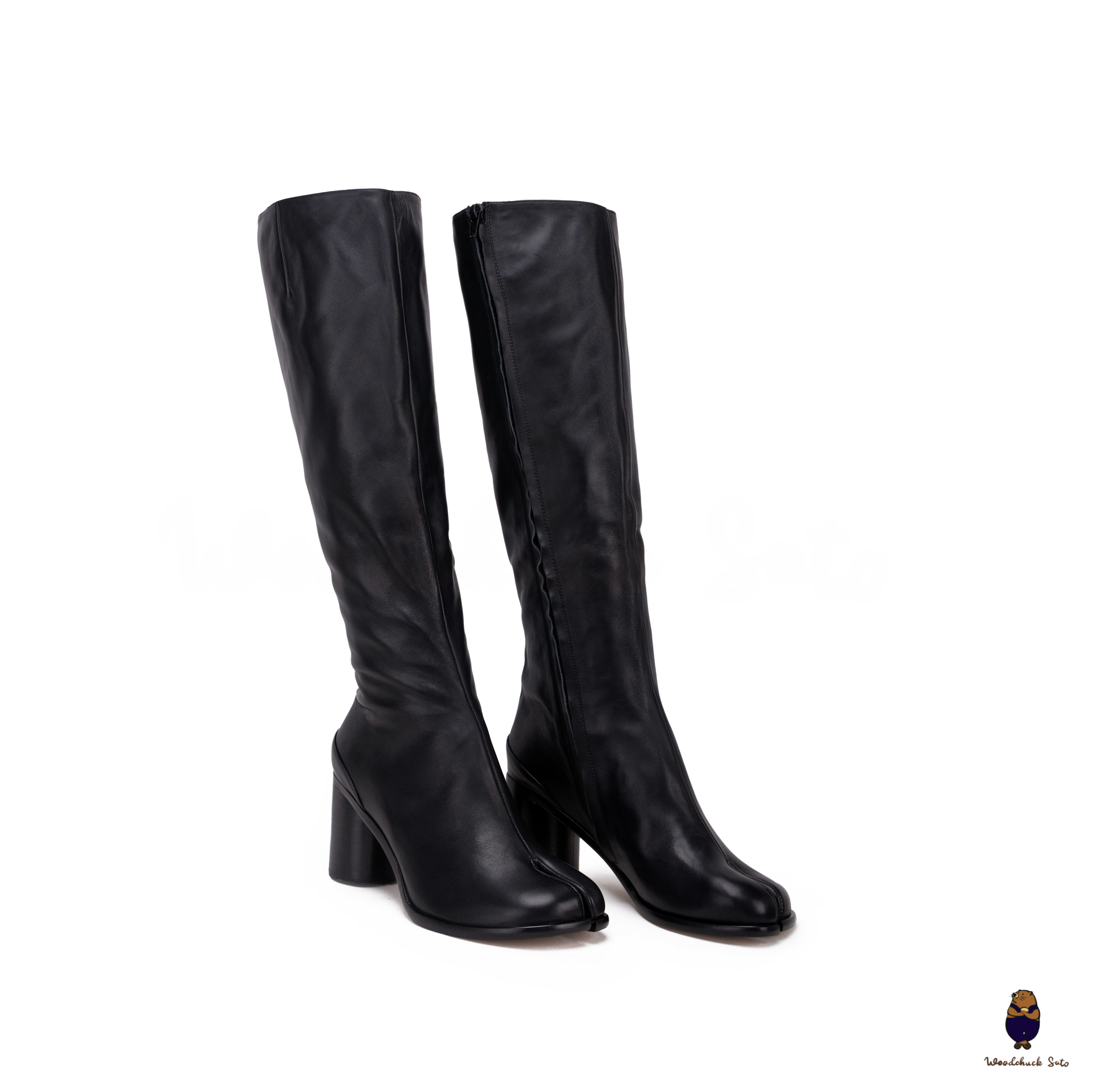 WoodchuckSato Japanese Black Cow Leather Tabi Knee Boots 8 cm Heel