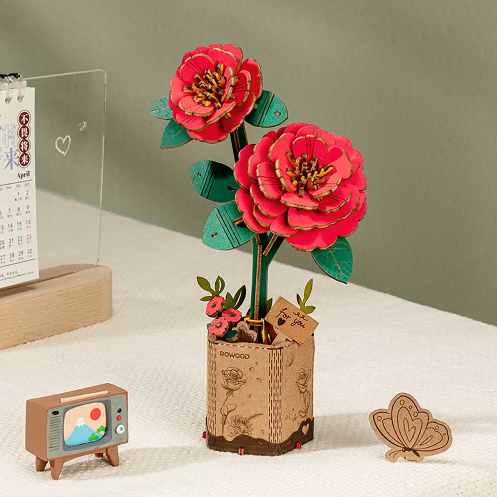 Rolife Red Camellia 3D Wood Puzzle Kit | Woodcraft