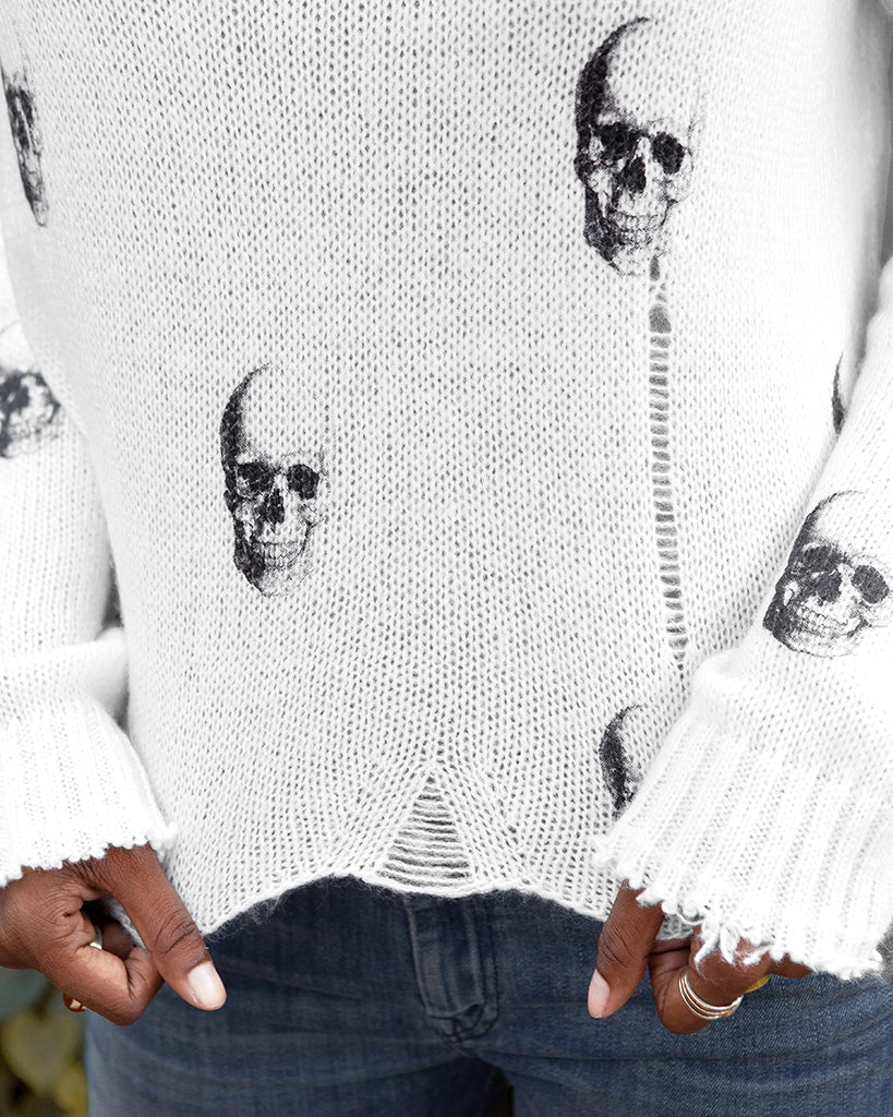 Skull Printed Distressed Crew Lightweight Sweater - Pure Snow