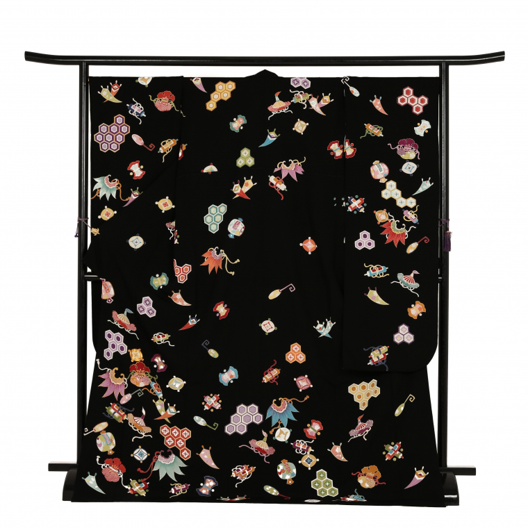 振袖レンタル 振袖LLサイズ 十日町友禅：吉澤織物 宝尽くし 黒｜着物