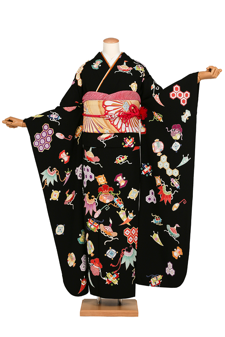 振袖レンタル 振袖LLサイズ 十日町友禅：吉澤織物 宝尽くし 黒｜着物