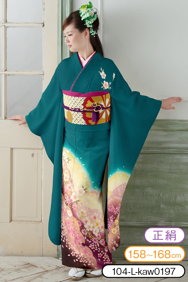 振袖レンタル 振袖Lサイズ 雪輪に桜散らし 青緑｜着物レンタル 安心