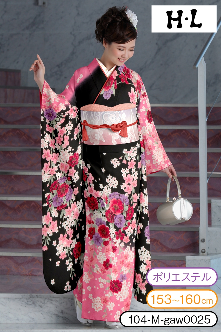 振袖レンタル 振袖Mサイズ ブランド：H・L（アッシュエル）桜 黒