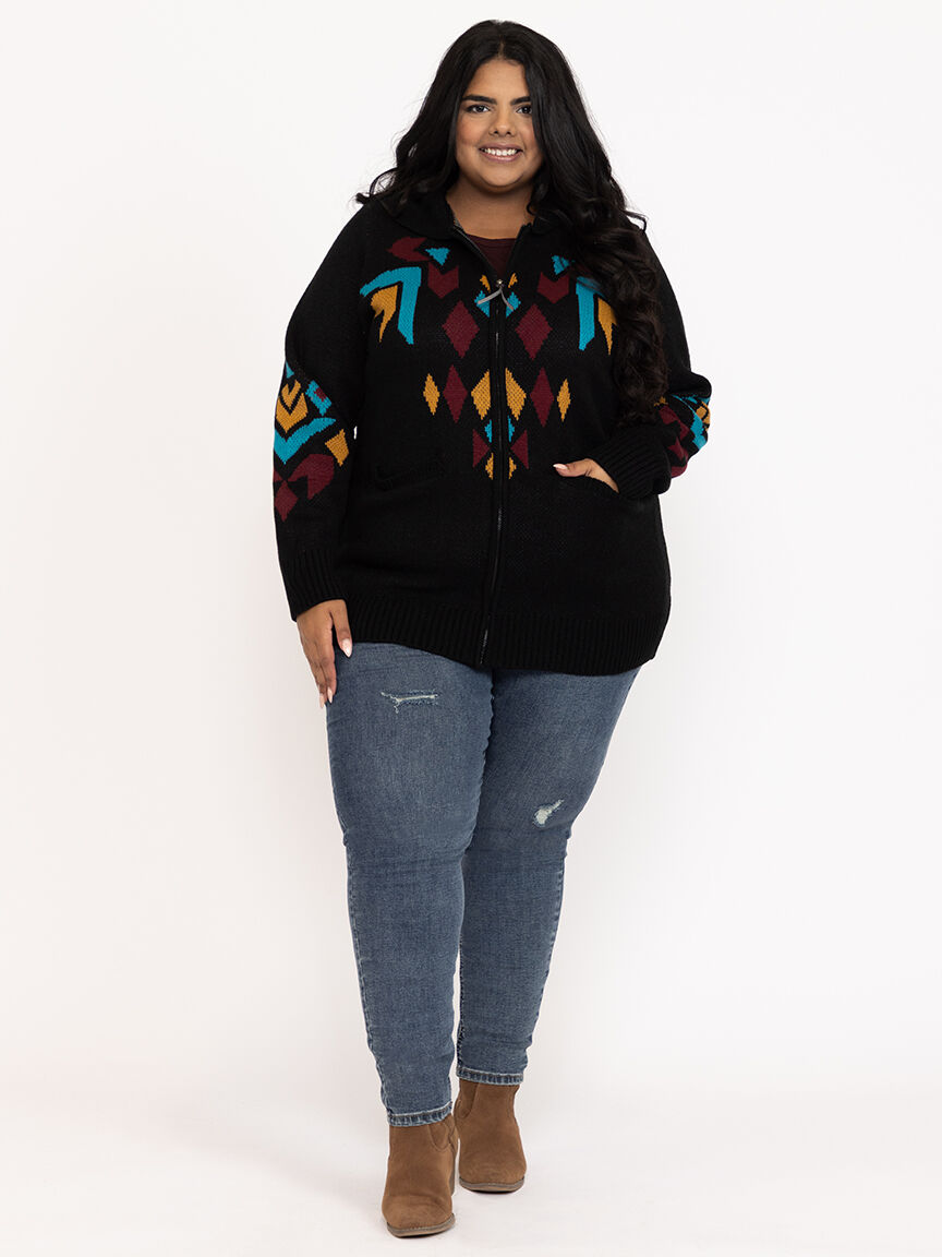 Women's Geometric Zip Front Cardigan Warehouse One