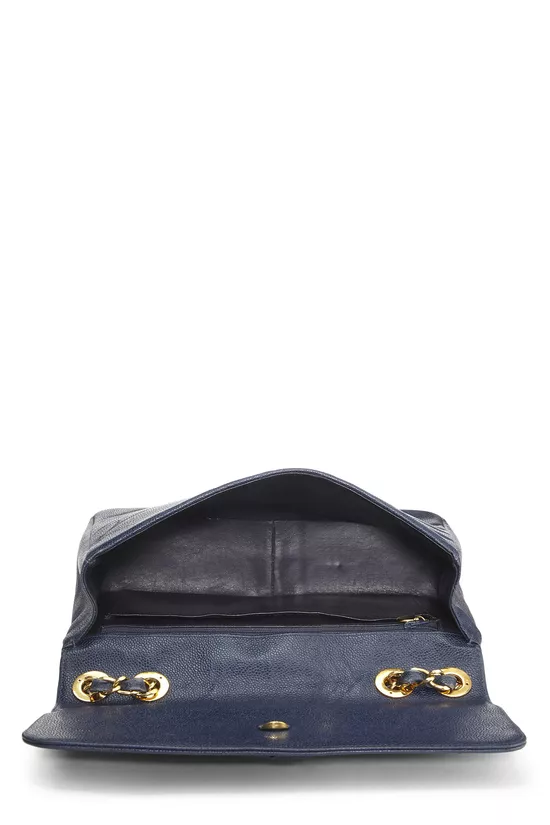 Pre-Owned Navy Caviar Diagonal Quilted Shoulder Bag Jumbo