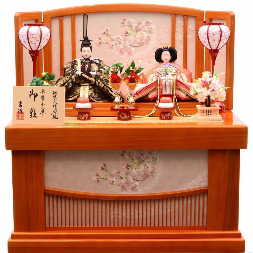 雛人形】収納飾り 親王飾り「桜刺繍格子屏風けやき塗」 (605841