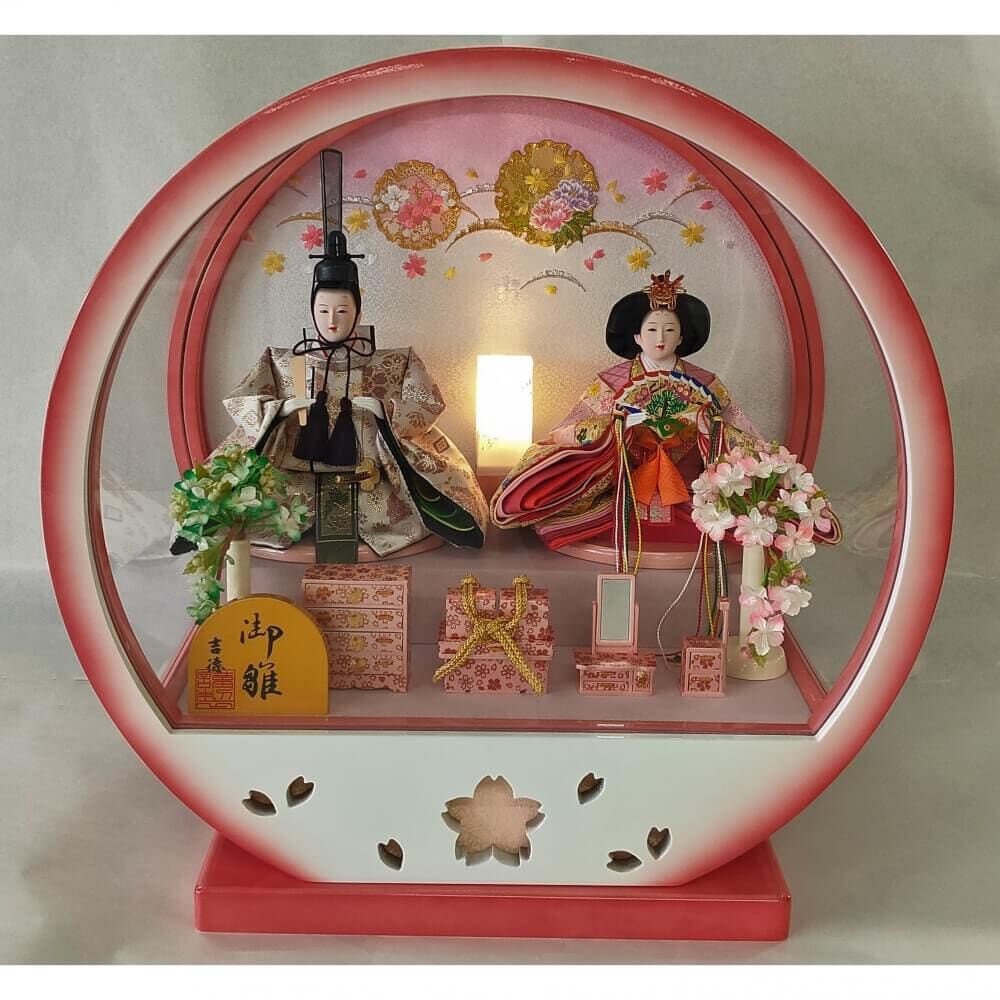 雛人形】ケース飾り 親王飾り「雪輪牡丹桜丸形アクリル」 (322014