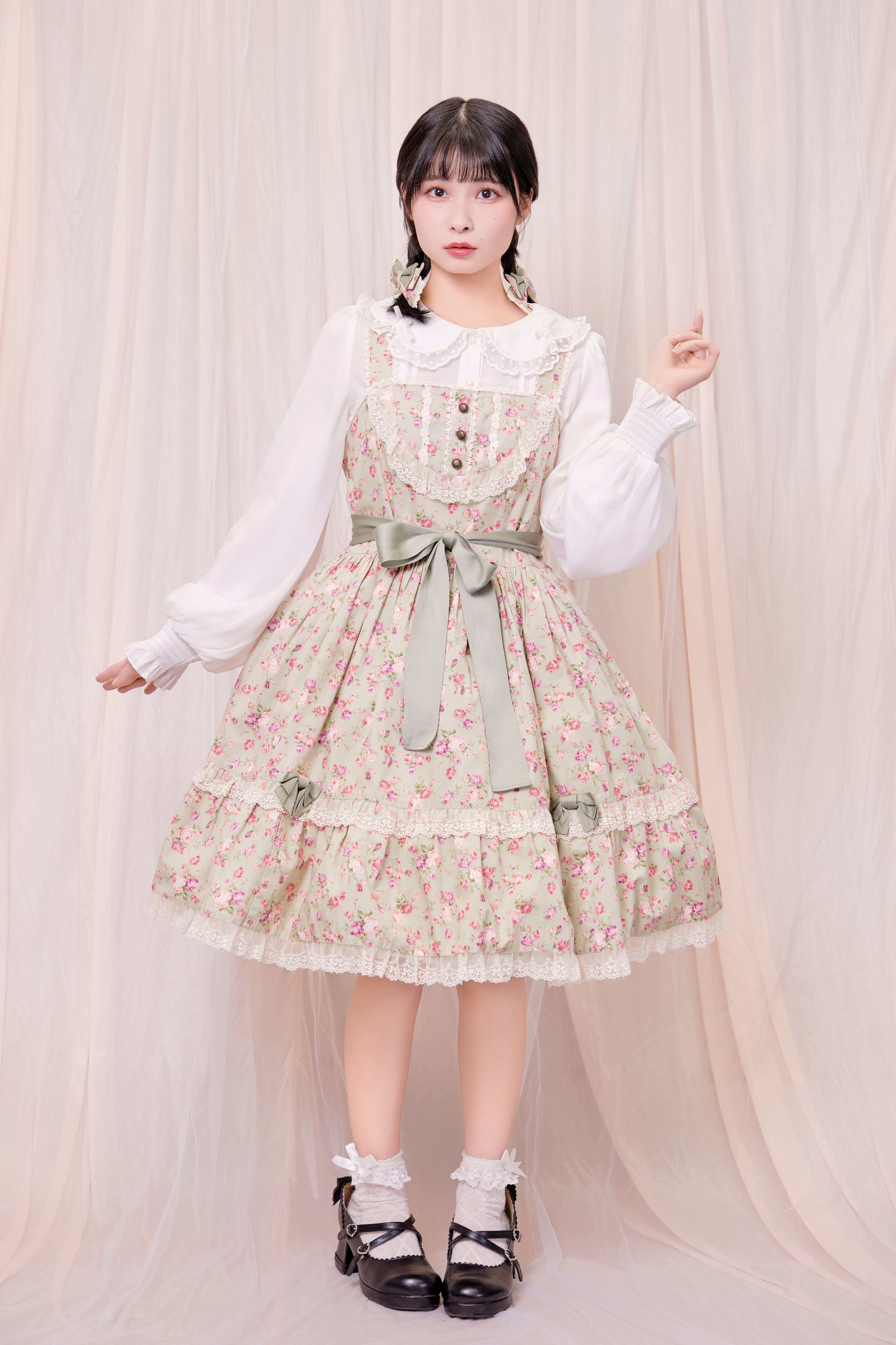 Floralブーケヨーク切替ジャンパースカート＋リボンクリップセット