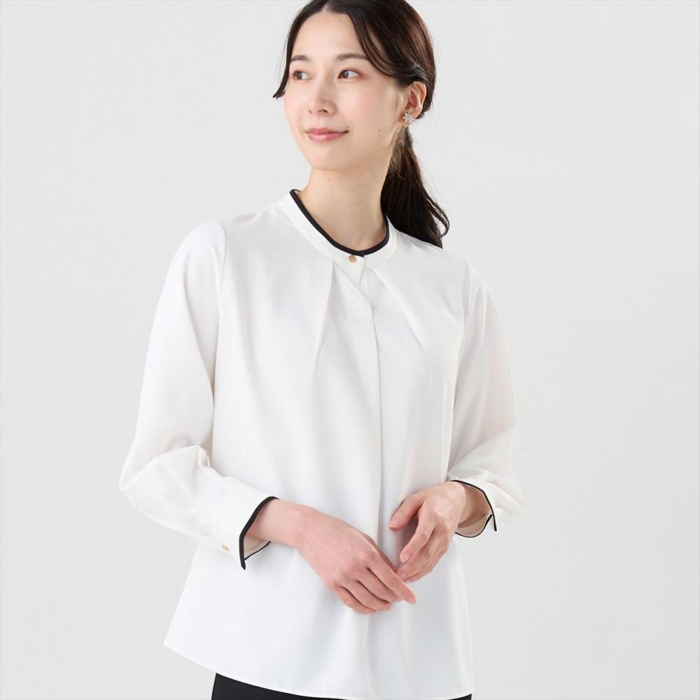 ストレッチジョーゼット 2WAY 配色ボウタイ ブラウス 長袖 レディース