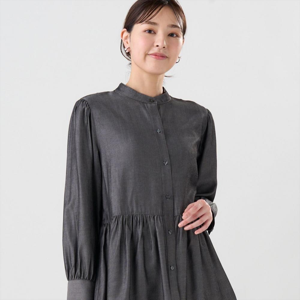 デニム風 ペプラム シャツブラウス 長袖 レディース(M ブラック): 東京